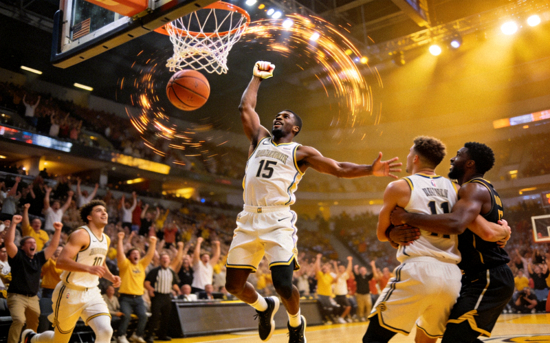 篮球运动员在比赛最后时刻投中压哨绝杀三分球后庆祝